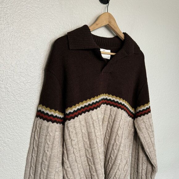 Vintage Sweater Women L Jantzen Neutral Cable Knit Collared USA Made Retro 70s - Picture 2 of 8